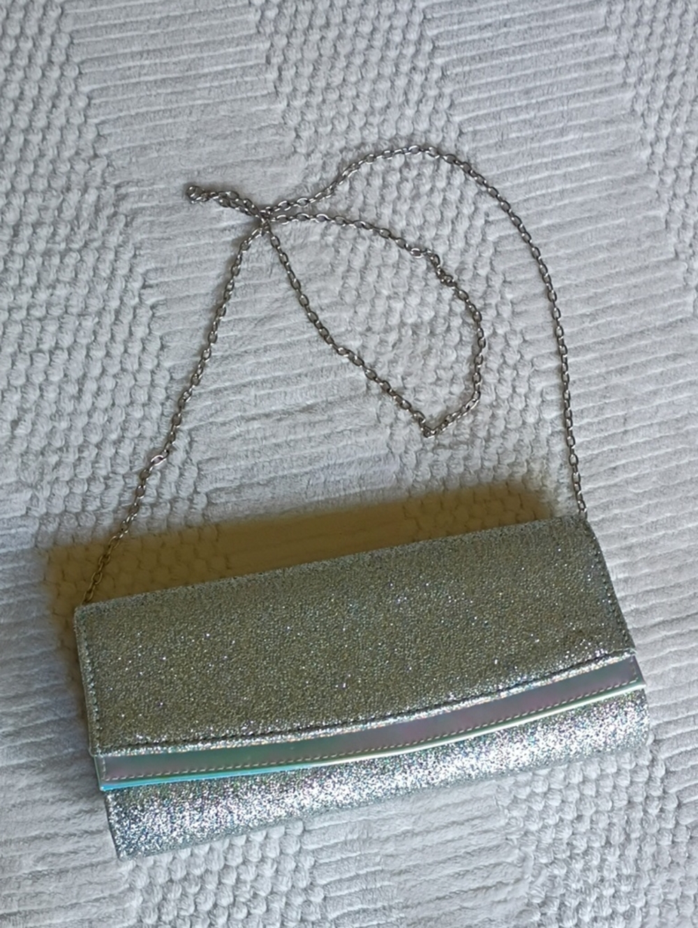 Silver Glitter Evening Clutch with Chain Strap